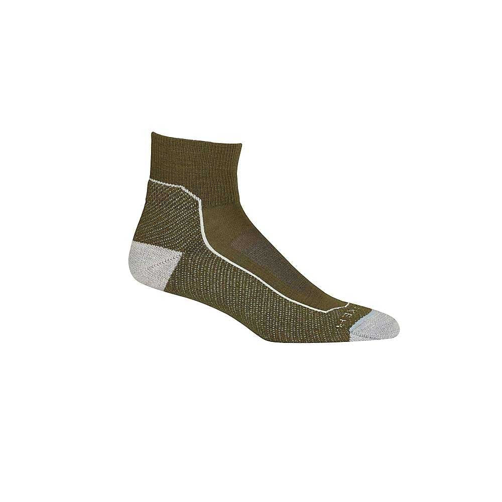 The Icebreaker Women's Hike+ Light Mini Sock is an ankle-high olive green sock with cushioned support, grey reinforced heel/toe, white accent lines, and textured pattern. Displayed on a plain white background; perfect for women's hiking.