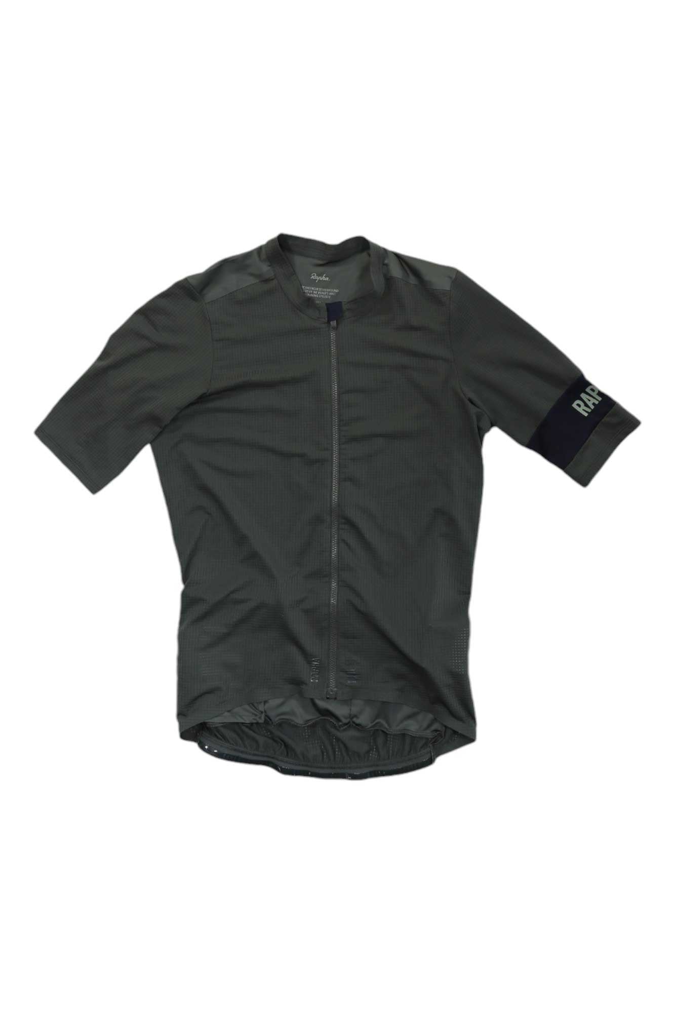 The Rapha Mens Pro Team Flyweight Jersey, in dark gray with short sleeves, full front zipper, elastic hem, and RAPHA logo on the left sleeve, is a lightweight cycling jersey shown on a white background.