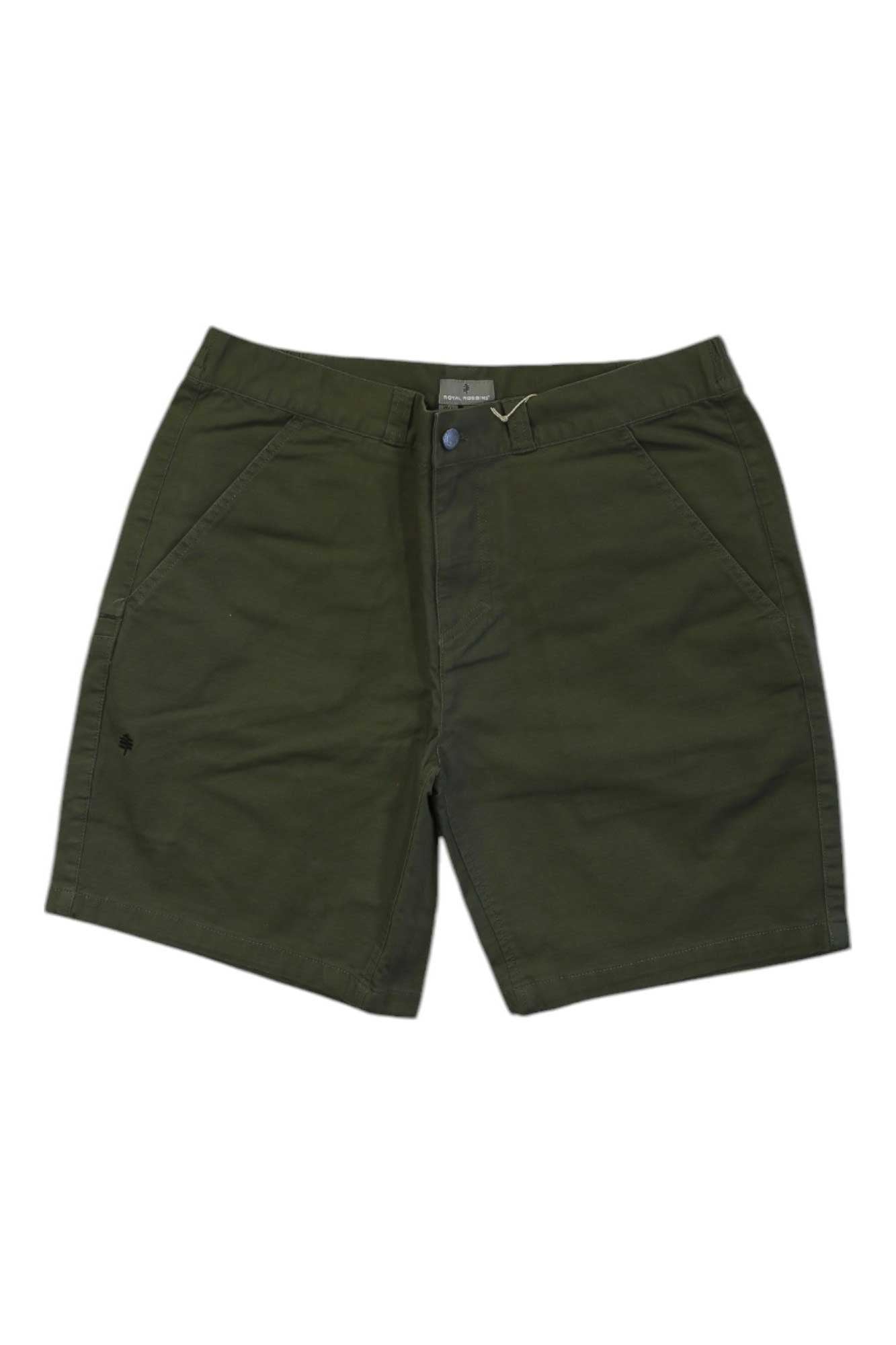 The Royal Robbins Men's Billy Goat II 8 Inch Short in olive green features side pockets, a front button and zipper closure, and belt loops, shown laid flat on a white background.