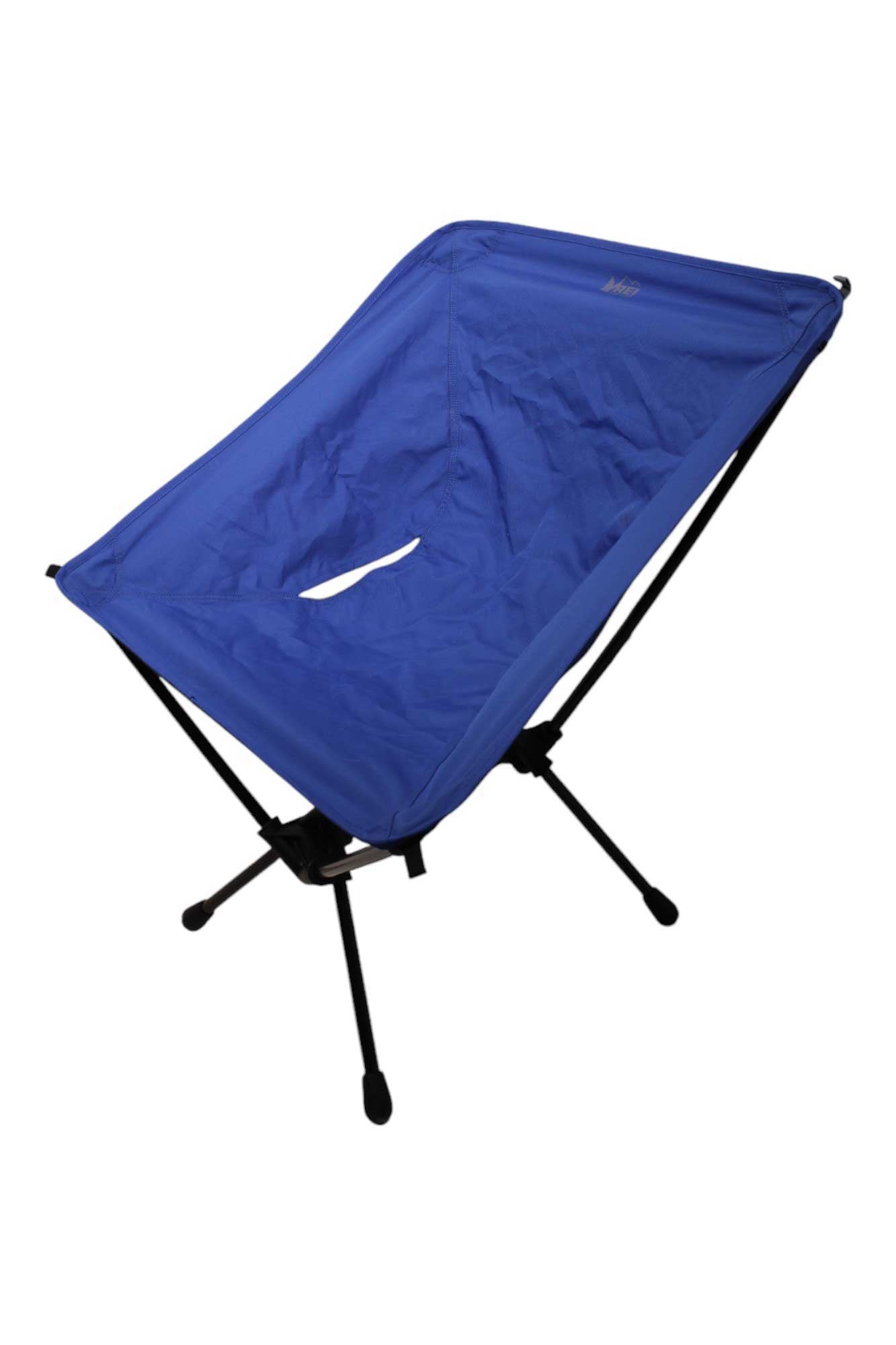 Folding camp chair with blue fabric seat and black metal frame