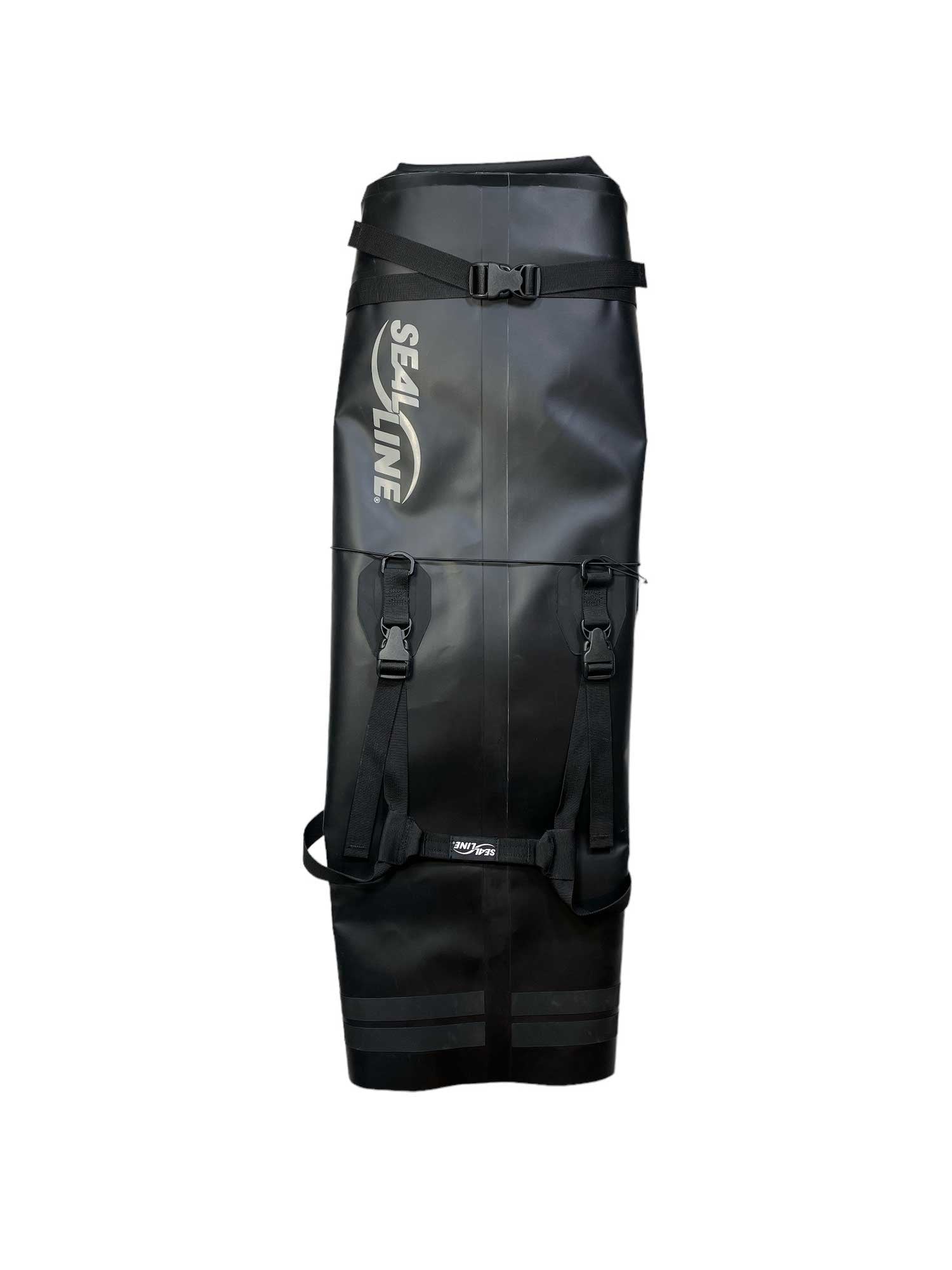 The SealLine Black Canyon Dry Pack is a large black waterproof pack with adjustable straps, buckles, and a roll-top closure, featuring the SEALLINE logo in white on the front, shown against a plain white background.