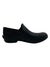 The Bogs Women's Patch Slip Solid Shoe, a black waterproof slip-on with a low heel and textured sole, ideal for winter camping, is displayed in side profile against a white background.
