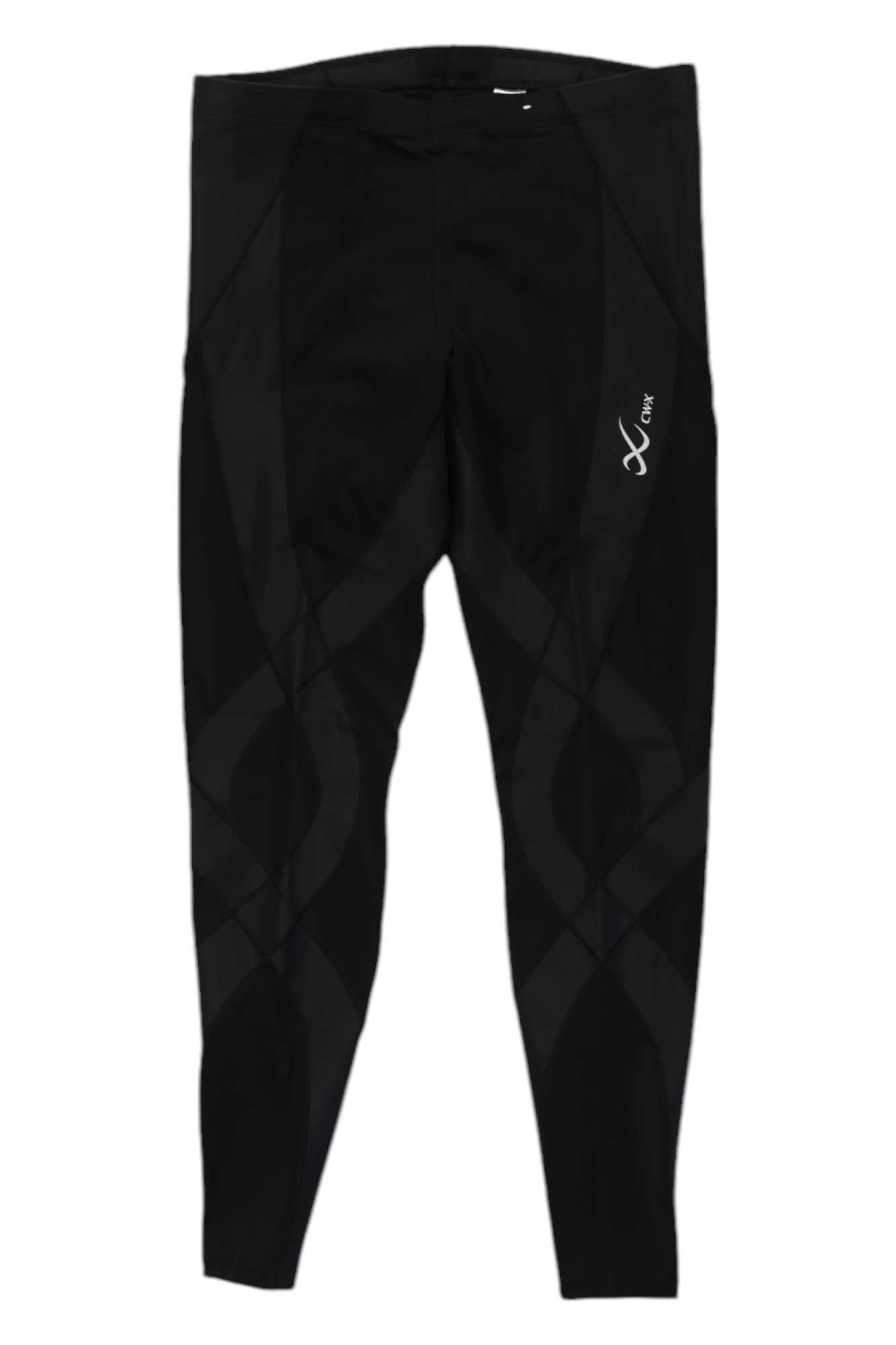 The CW-X Men's Endurance Generator Compression Tight in black features subtle geometric patterns and a small white CW-X logo on the left thigh, offering joint and muscle support with moisture-wicking fabric, shown on a white background.