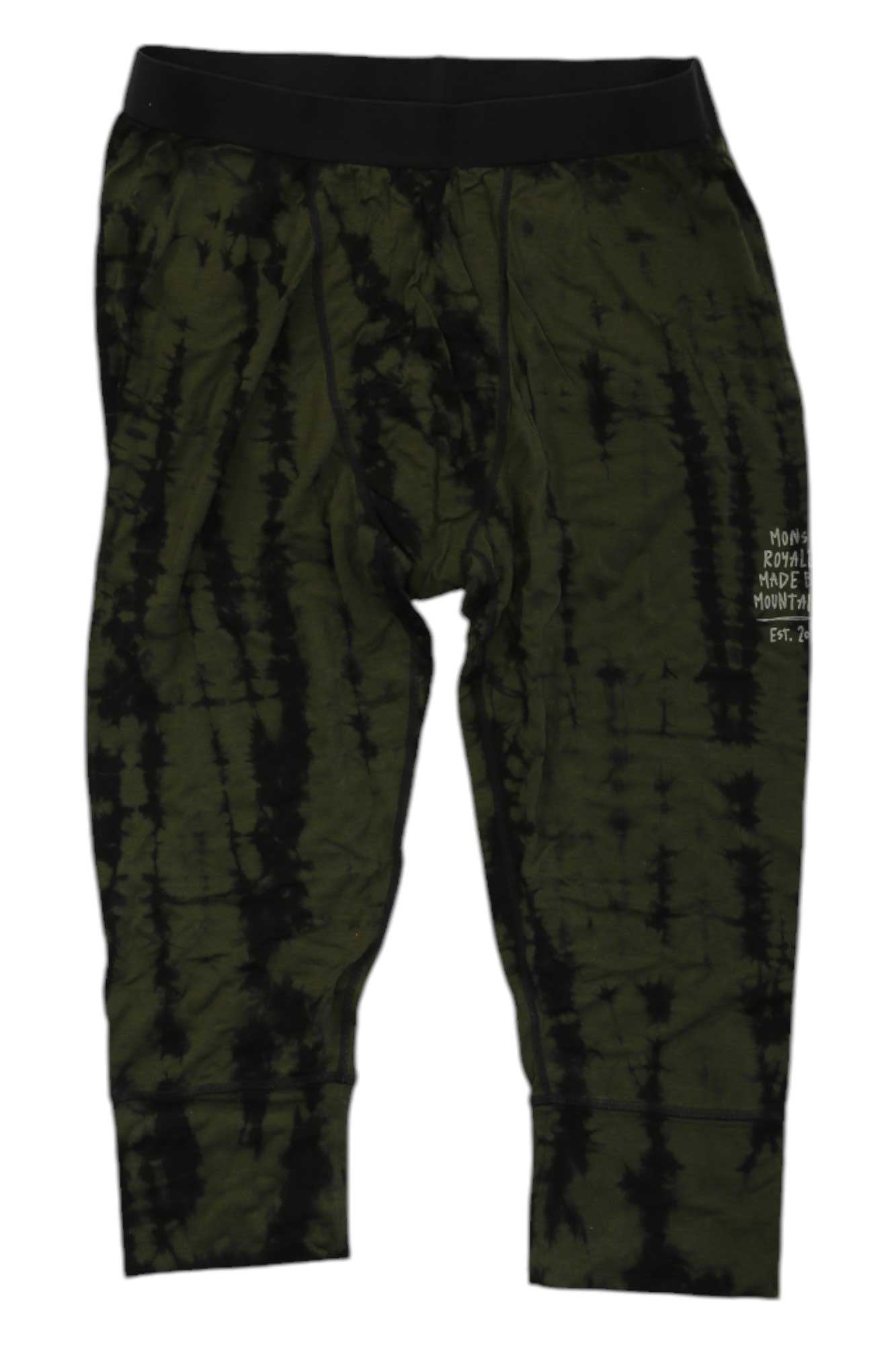 Mons Royale men's 3/4 leggings, olive tie-dye, elastic waistband, mid-calf length