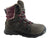 The NexGrip Women's Ice Meli Boot is a rugged, waterproof winter boot with brown leather, maroon fabric, metal eyelets, thick black laces, high ankle support, insulated lining for warmth, and a retractable crampon.