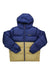 The Marmot Kids Guides Down Hoody features 700 fill power down, a two-tone dark blue and light tan design, water-resistant shell, front zipper, hood, and chest logo—perfect warmth and style for boys.