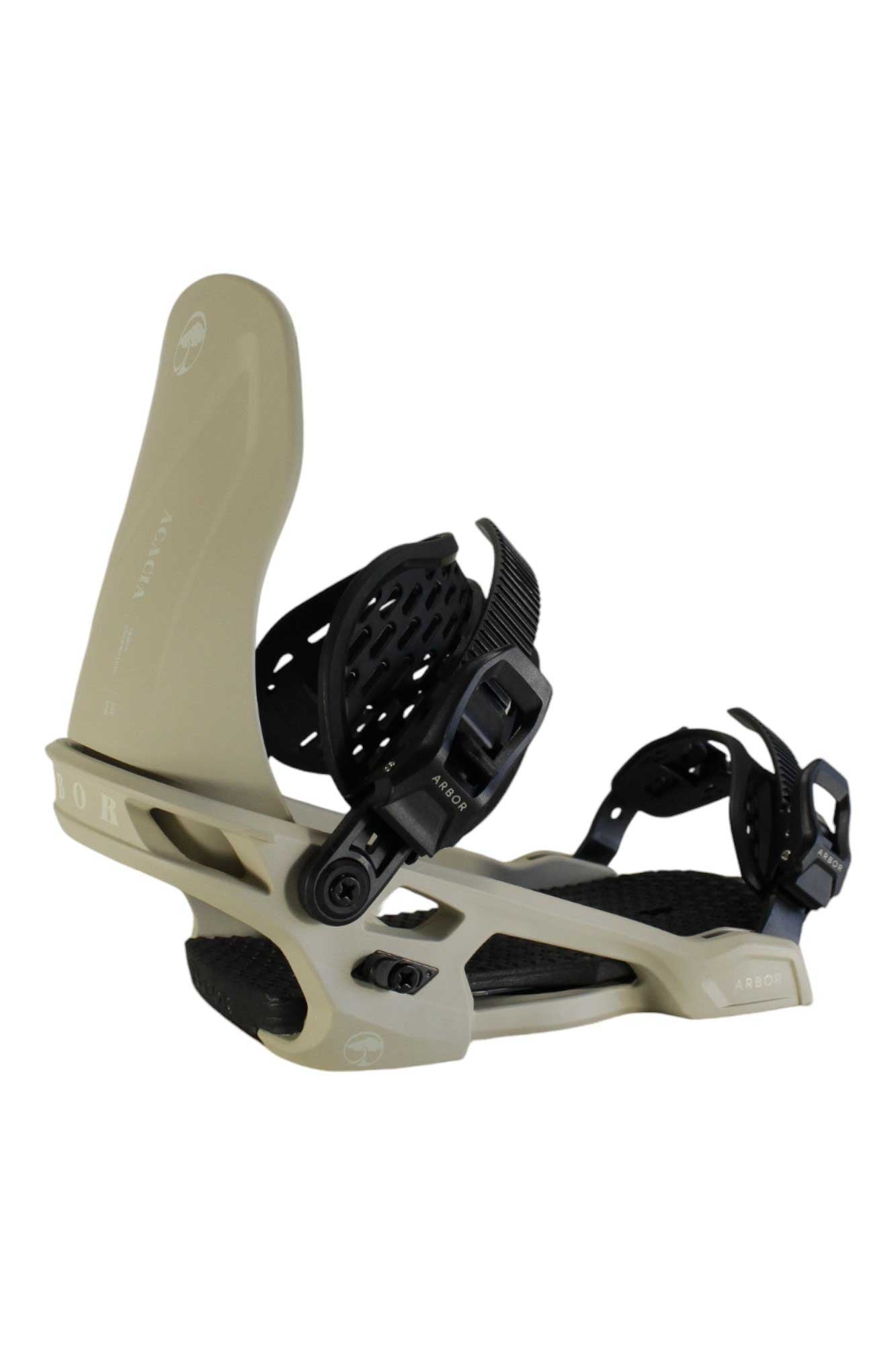 The Arbor Womens Acacia Snowboard Binding in beige and black features adjustable straps, a lightweight baseplate, high back support, secure buckles, and an ergonomic fit to keep boots firmly attached to your snowboard.