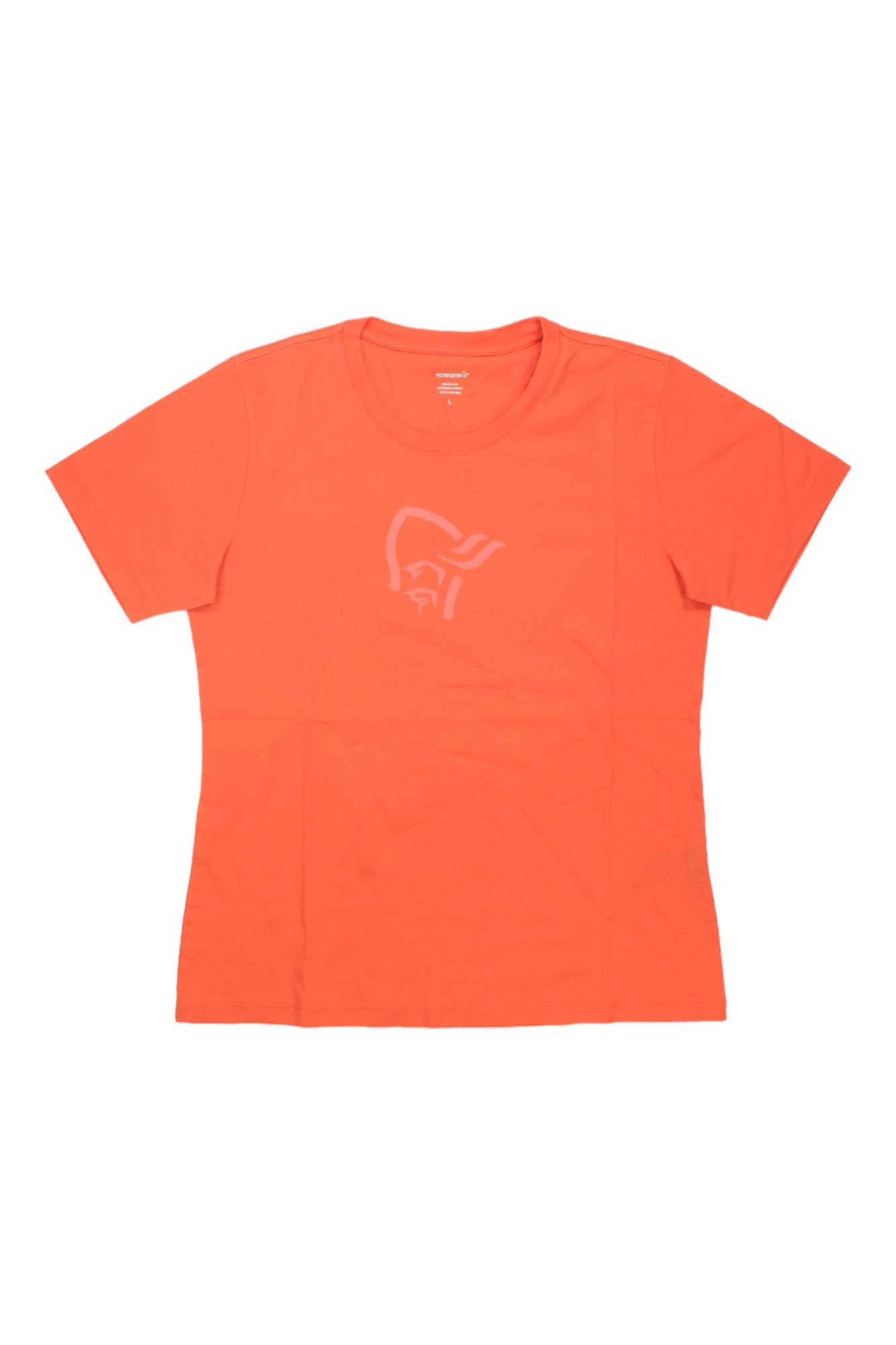 The Norrona Womens /29 Cotton Viking T-Shirt is an organic cotton tee in bright orange, featuring a subtle face graphic in a slightly darker orange at the center chest. Women's casual style, shown flat on a white background.