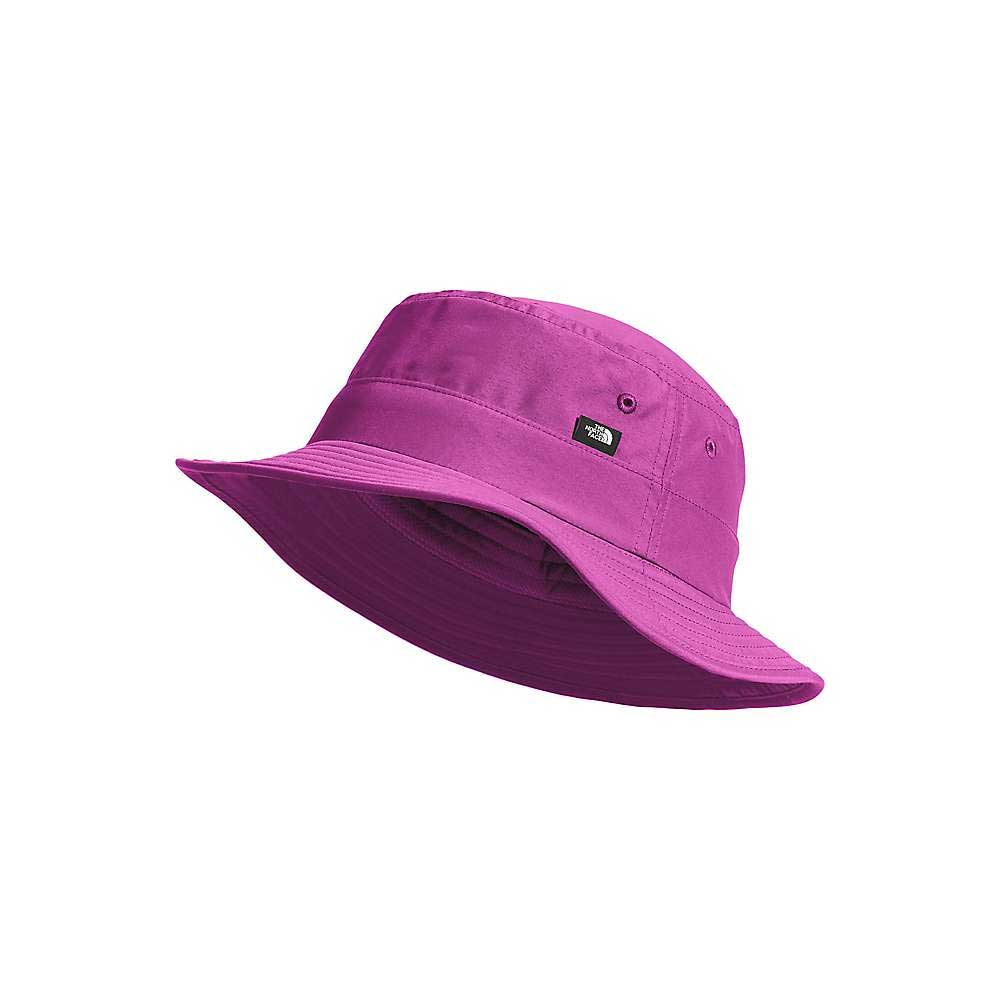 The North Face Kids' Class V Brimmer Hat is a bright purple sun hat with a wide brim and front logo tag, made from recycled polyester with UPF 40+ protection, shown against a plain white background.
