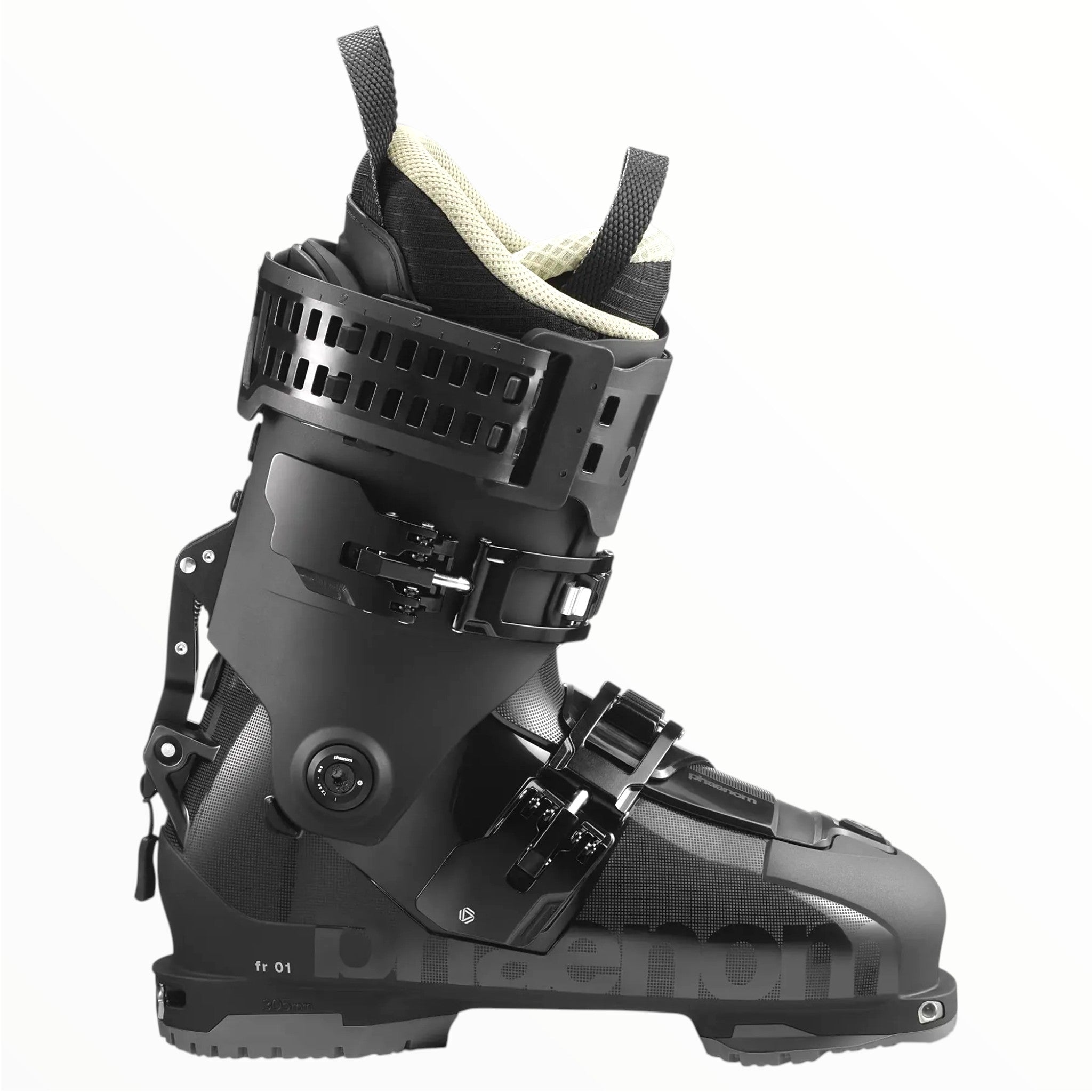The Phaenom FR 01 110 Ski Boot by Phaenom features a black freeride design with adjustable buckles, textured cuff, reinforced ankle and shin support, and a phaenom strap—displayed in profile on a white background.