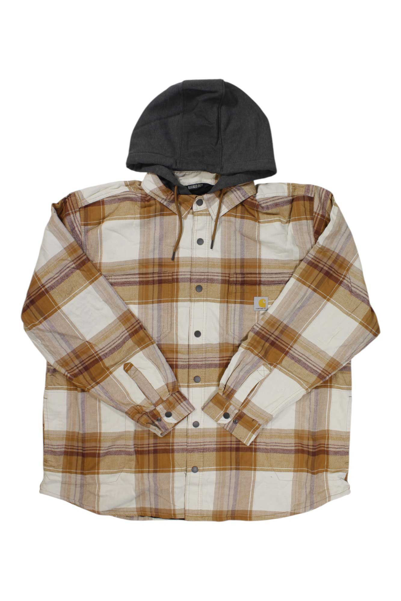 A Carhartt Mens Rugged Flex Flannel Fleece in brown and cream with long sleeves and a dark gray hood, shown flat on a white background.