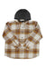 A Carhartt Mens Rugged Flex Flannel Fleece in brown and cream with long sleeves and a dark gray hood, shown flat on a white background.