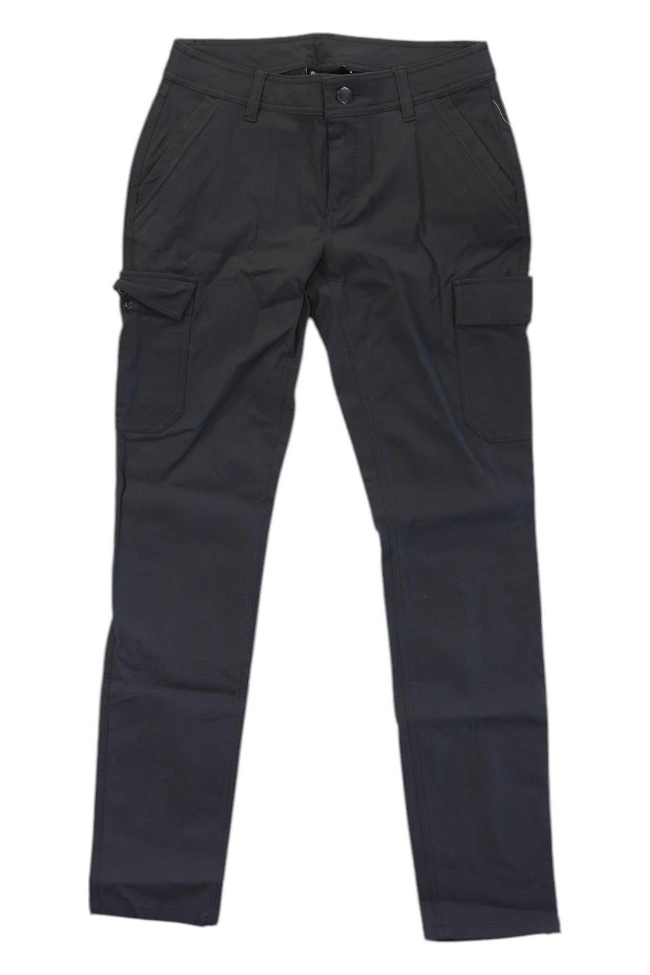 Womens dark cargo pants with multiple side pockets and button waist