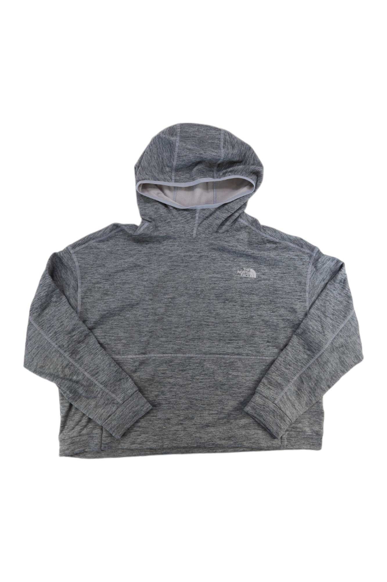 The North Face Womens Canyonlands Pullover Crop is a heather gray, long-sleeve fleece hoodie with a front pocket and left chest logo, laid flat on a white background.