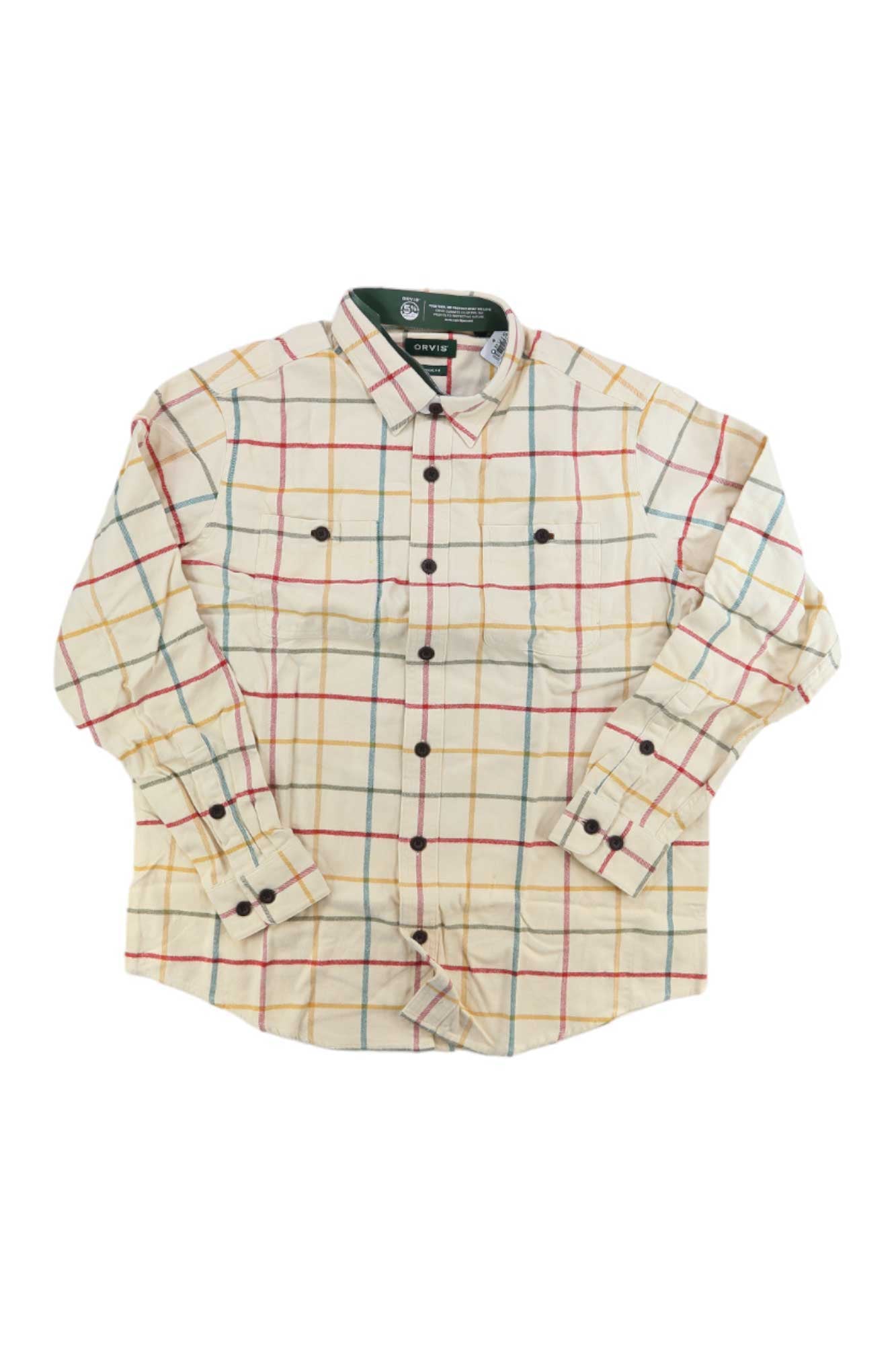 Men's natural plaid flannel button-up shirt with red and green check lines