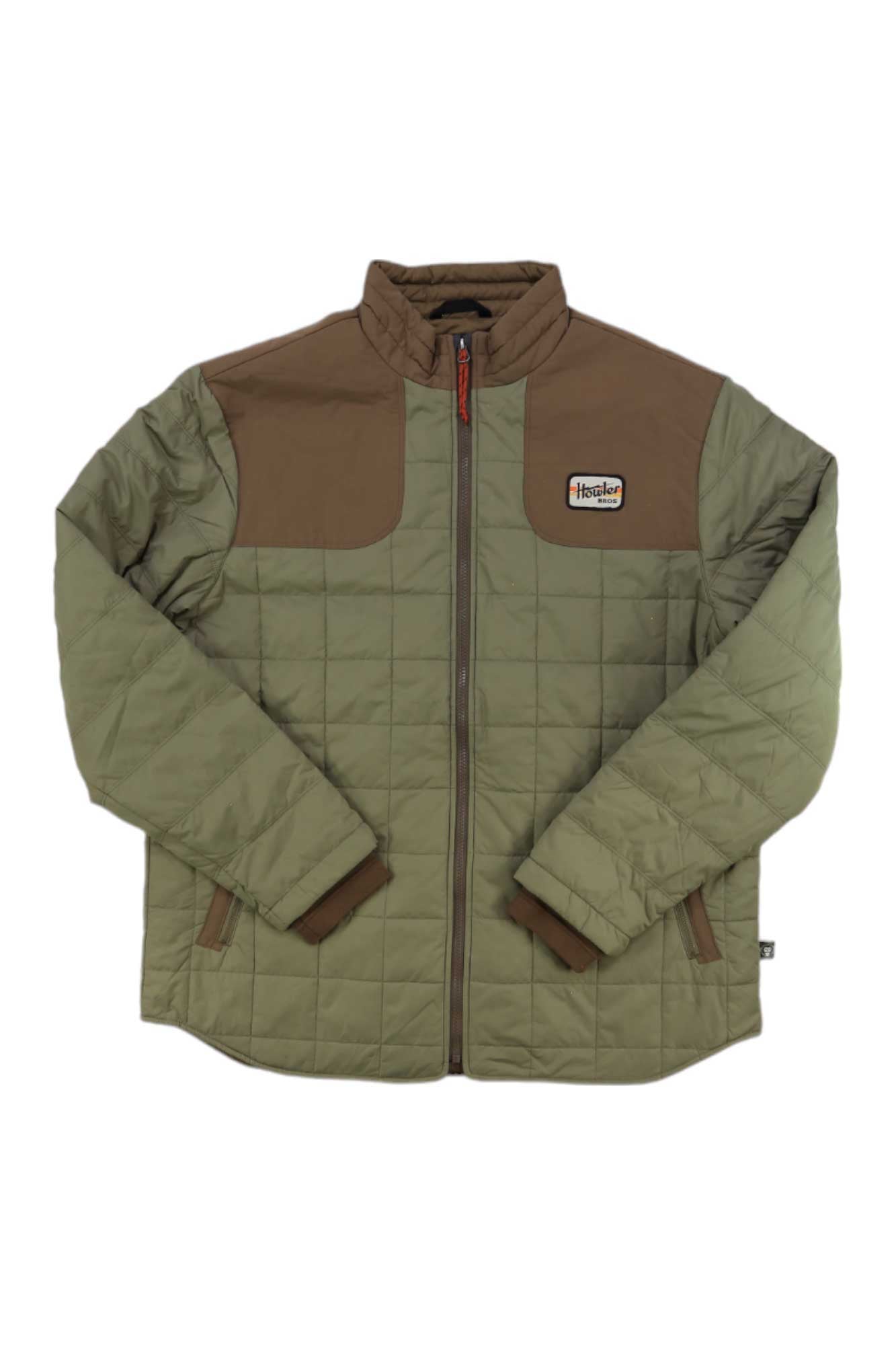 Men's quilted jacket, full-zip, Howler Brothers patch; brown upper and olive lower