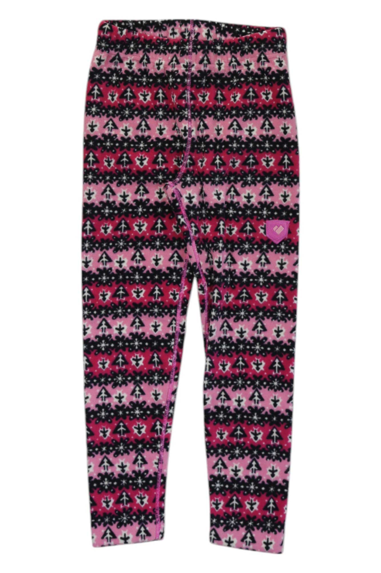 Kids pink patterned snow pants with elastic waistband and tapered legs
