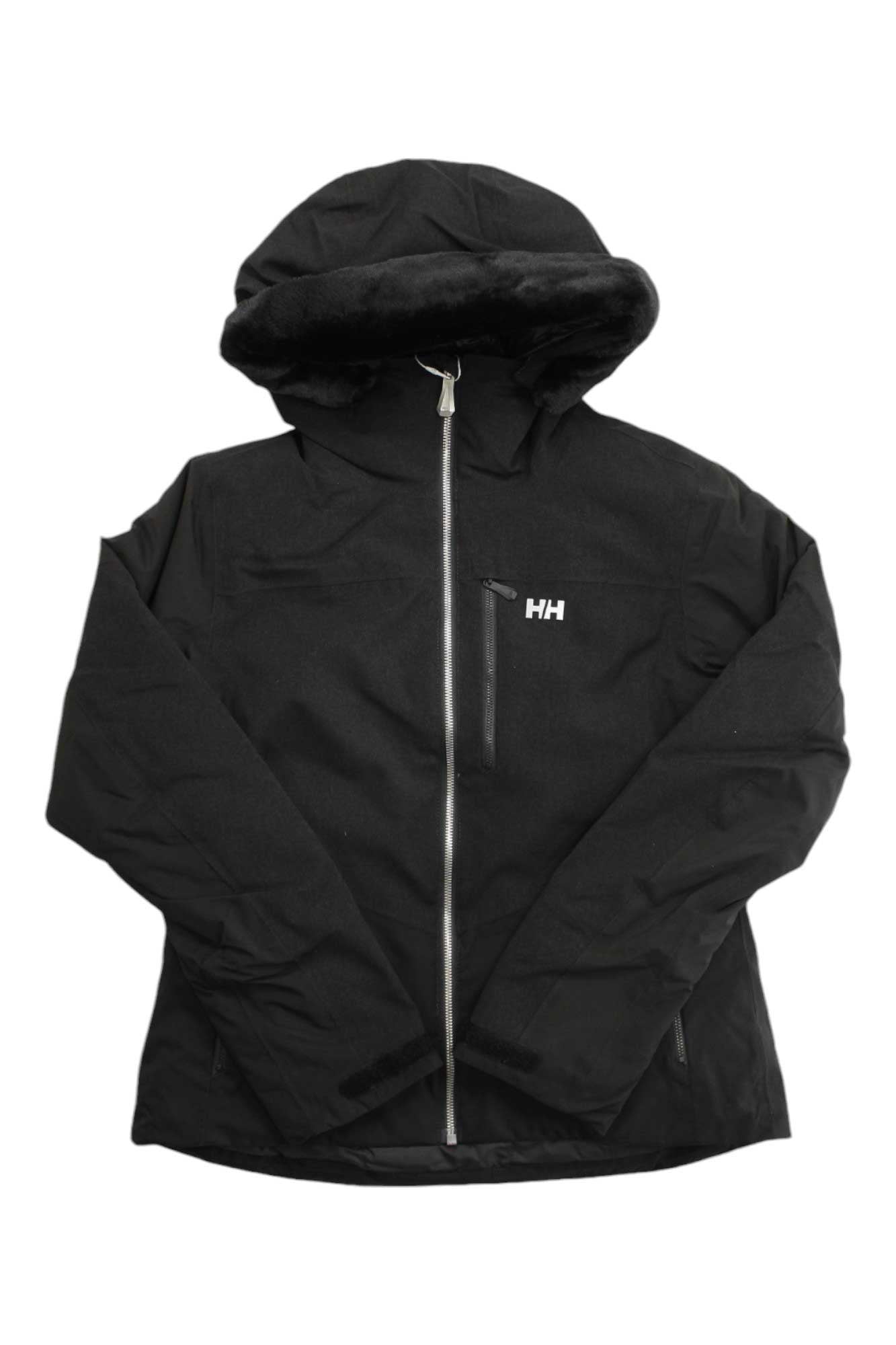 The Helly Hansen Women's Valdisere 2.0 Jacket is black with a front zipper, two side pockets, the HH logo on the left chest, and a fur-lined hood for extra warmth.
