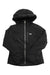The Helly Hansen Women's Valdisere 2.0 Jacket is black with a front zipper, two side pockets, the HH logo on the left chest, and a fur-lined hood for extra warmth.