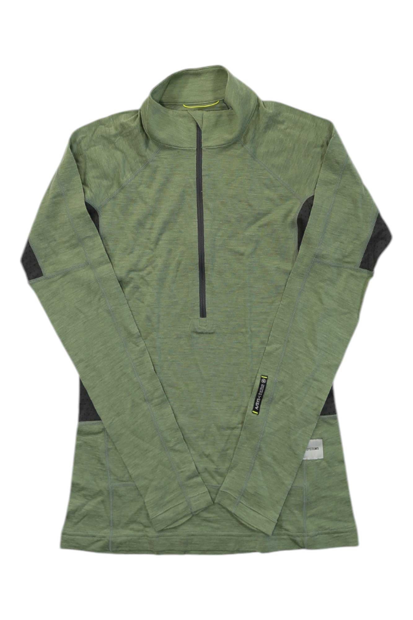 The Artilect Womens Boulder 125 1/4 Zip Top is an ultralight, long sleeve multisport shirt in light green with a quarter zip, high collar, and dark gray accents—ideal for outdoor or athletic activities.