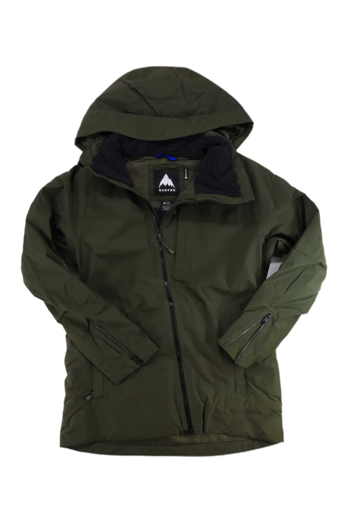 The Burton Womens GTX Pillowline Jacket, shown against a white background, is a dark green waterproof ski jacket for women featuring a black fleece lining, front zipper closure, and zippered sleeve and side pockets.