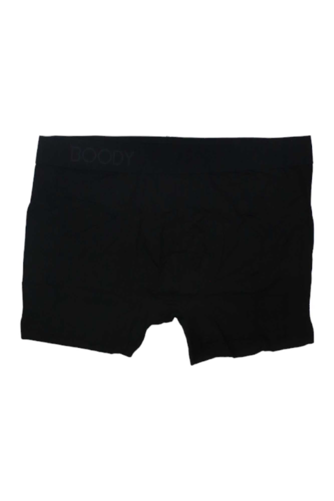A Boody Mens Boxer in plain black, featuring a soft waistband, is laid flat against a white background.