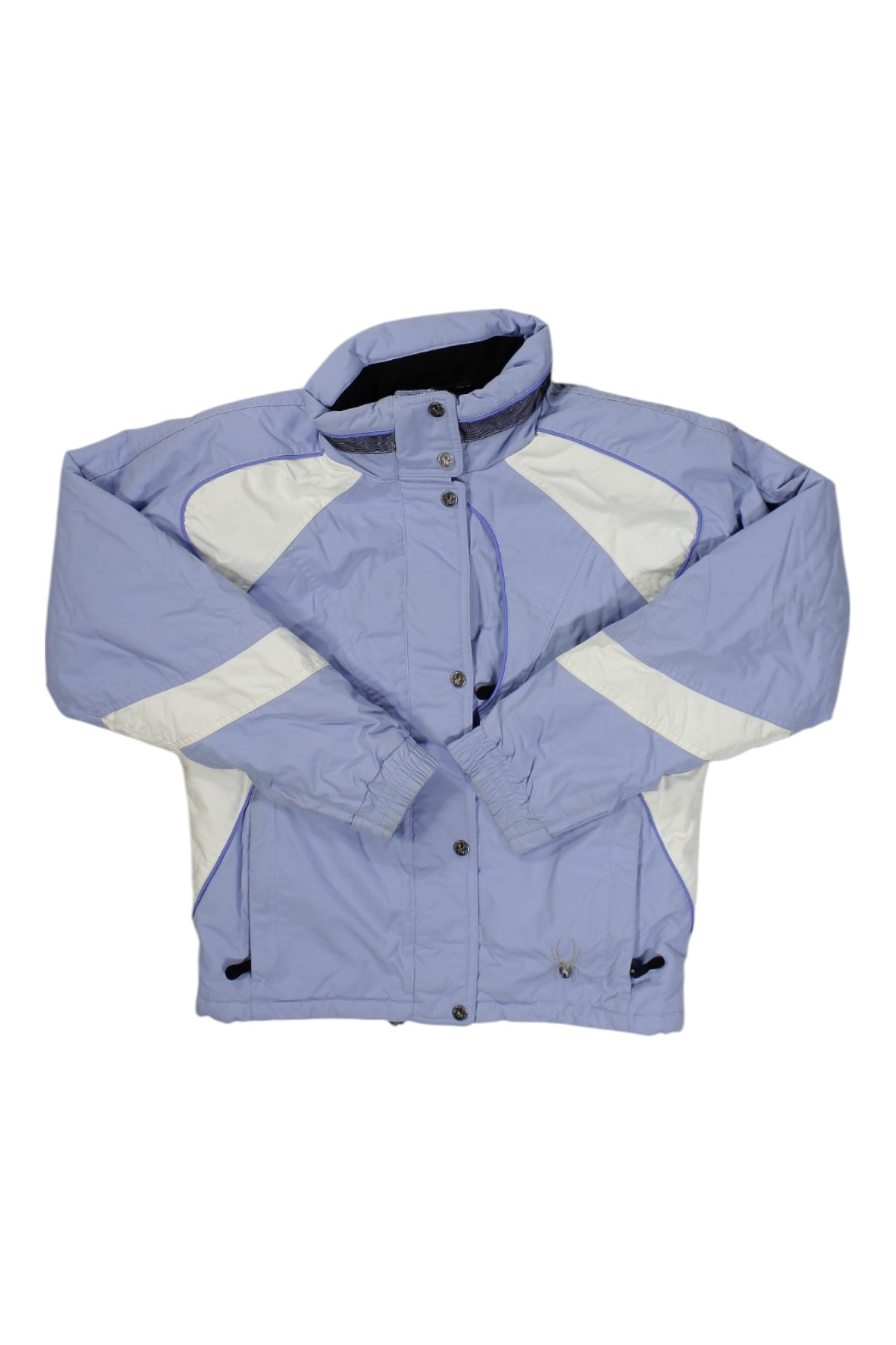 The Spyder Womens Vtg XLT Jacket is a light purple jacket with white diagonal panels, high collar, snap buttons, and elastic cuffs—ideal as a synthetic insulated jacket for outdoor activities.