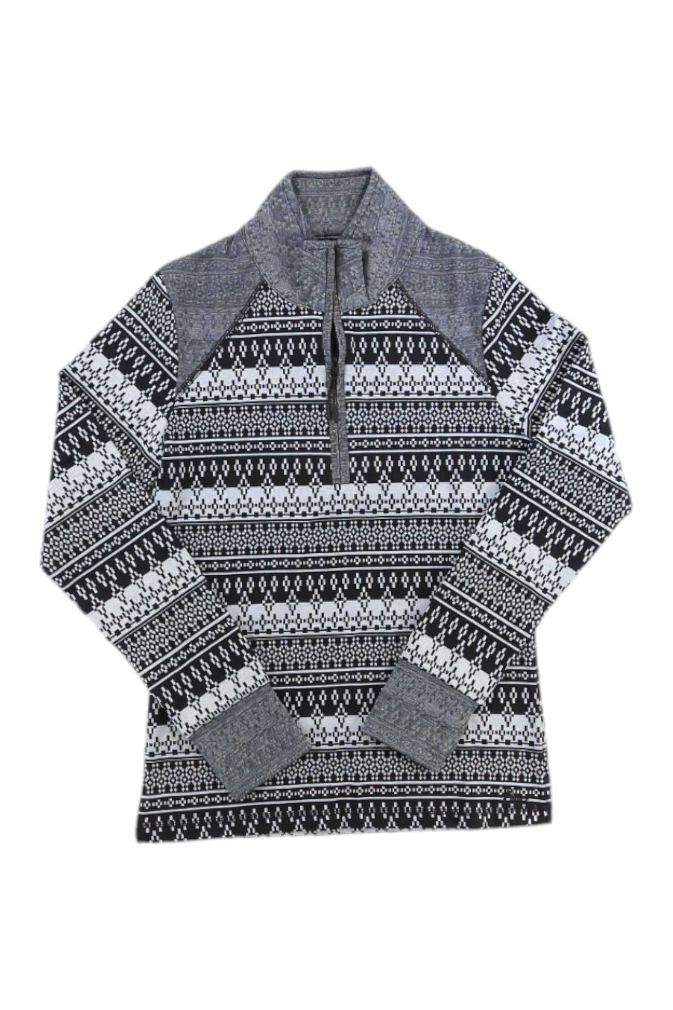 The KAVU Womens Wind River Shirt is a long-sleeve jacquard knit with a half-zip, black and white geometric and Nordic-inspired patterns, plus gray accents on the shoulders, cuffs, and collar—offering cozy comfort with stylish flair.
