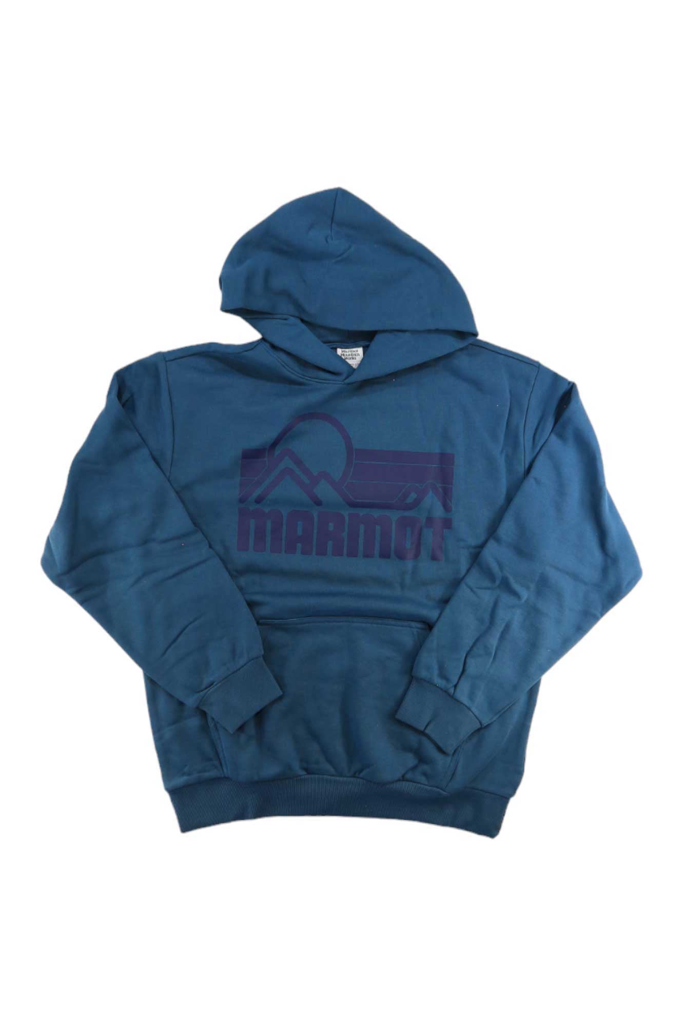 A Marmot Mens Coastal Hoody in blue, made with recycled polyester, features "Marmot" and a dark blue mountain graphic on the chest. The hoodie is shown laid flat on a white background.