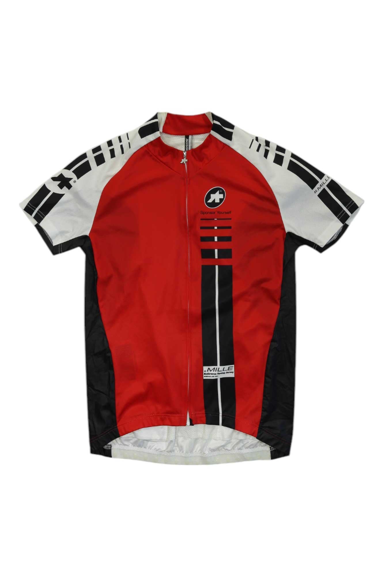 Red short-sleeve cycling jersey with front zipper and black/white patterned sleeves