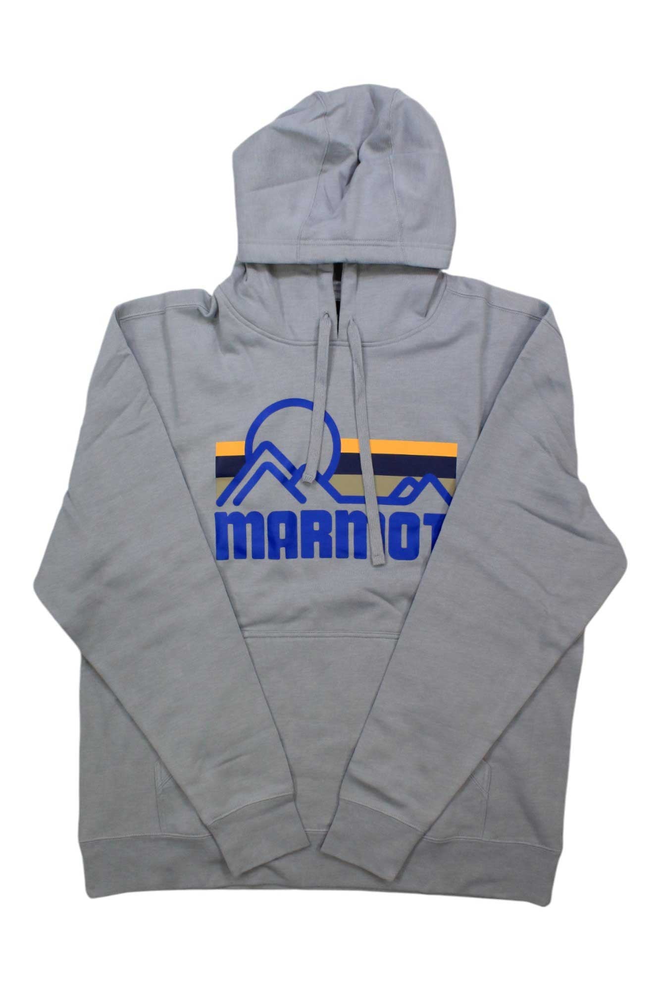 The Marmot Men's Coastal Hoody is a light gray pullover made from recycled polyester, featuring a blue and yellow mountain graphic with "MARMOT" on the front, plus a front pocket and hood drawstrings.