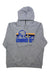 The Marmot Men's Coastal Hoody is a light gray pullover made from recycled polyester, featuring a blue and yellow mountain graphic with "MARMOT" on the front, plus a front pocket and hood drawstrings.