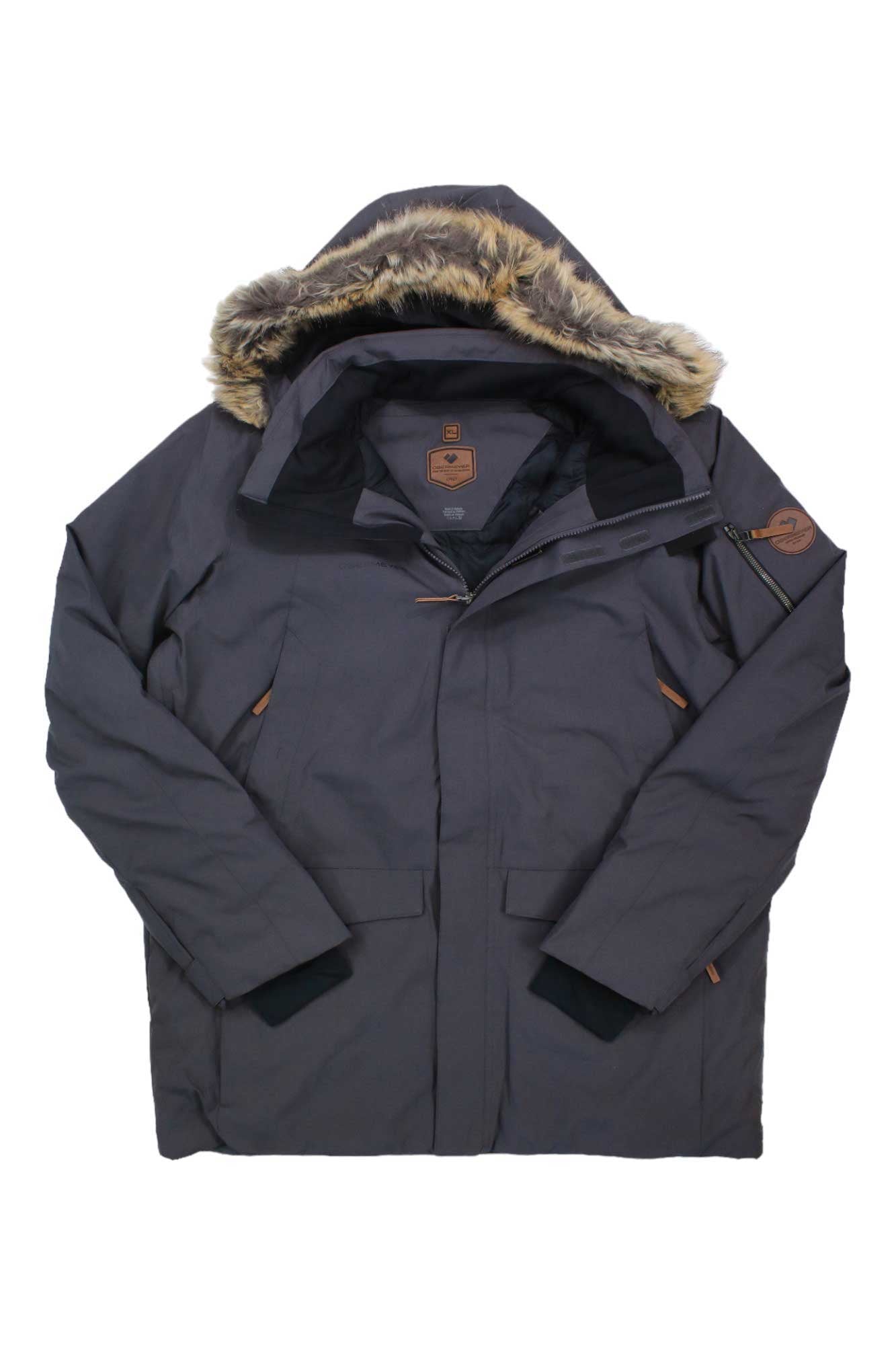 The Obermeyer Mens Ridgeline Jacket with Faux Fur is a dark waterproof ski jacket featuring a faux fur-lined hood, front zipper, button closures, two large front pockets, and stylish brown leather-like patch details.