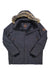 The Obermeyer Mens Ridgeline Jacket with Faux Fur is a dark waterproof ski jacket featuring a faux fur-lined hood, front zipper, button closures, two large front pockets, and stylish brown leather-like patch details.