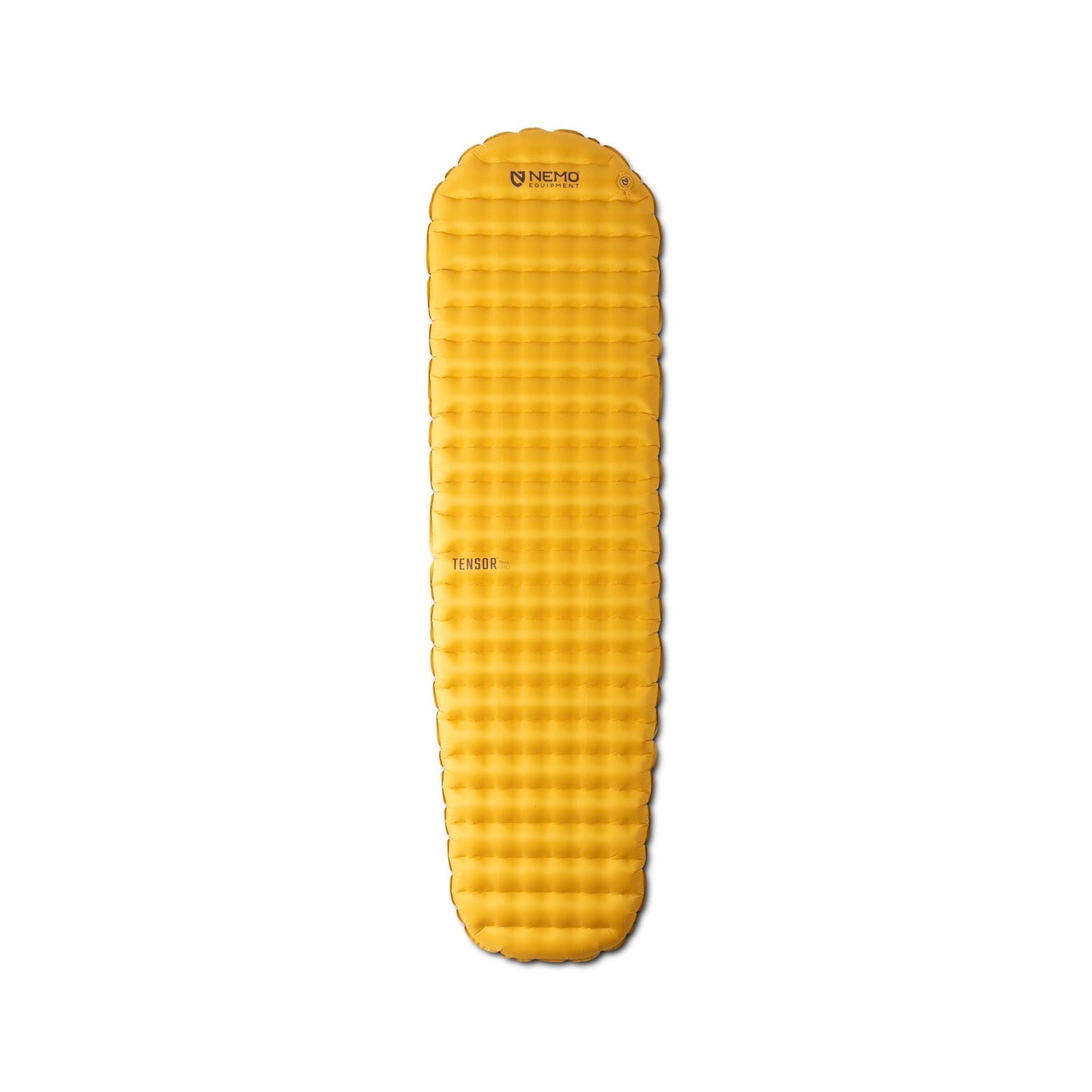 The Nemo Tensor Trail Mummy Sleeping Pad is yellow with a textured, dimpled surface and rounded corners. Its brand and model name appear near the top. Lightweight and three-season ready, it's ideal for outdoor adventures.