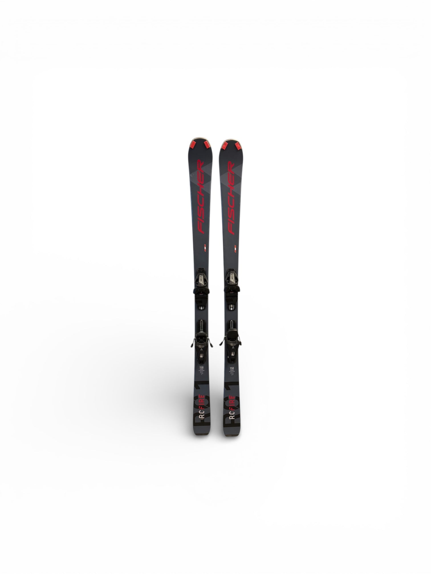 A pair of Fischer RC Fire SLR Pro RS 9 '23 alpine skis, black with red lettering and mounted bindings, ideal for advanced skiers, shown upright on a white background.