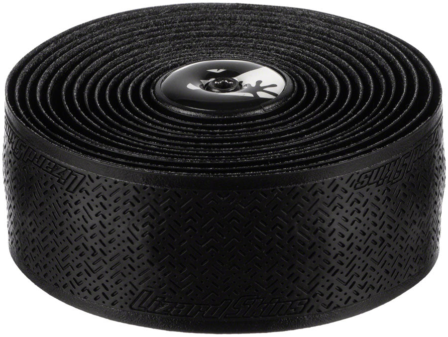 The Lizard Skins DSP Bar Tape V2 - 1.8 MM features a tightly coiled black design with textured, shock-absorbing grip and subtle branding, finished with a matching circular end cap for enhanced cycling comfort.