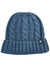 The Marmot Women's Millberry Hat is a chunky blue knit hat with a fold-over brim, cable knit pattern, and small round black-and-white logo tag—made from recycled polyester for cozy, eco-friendly style.