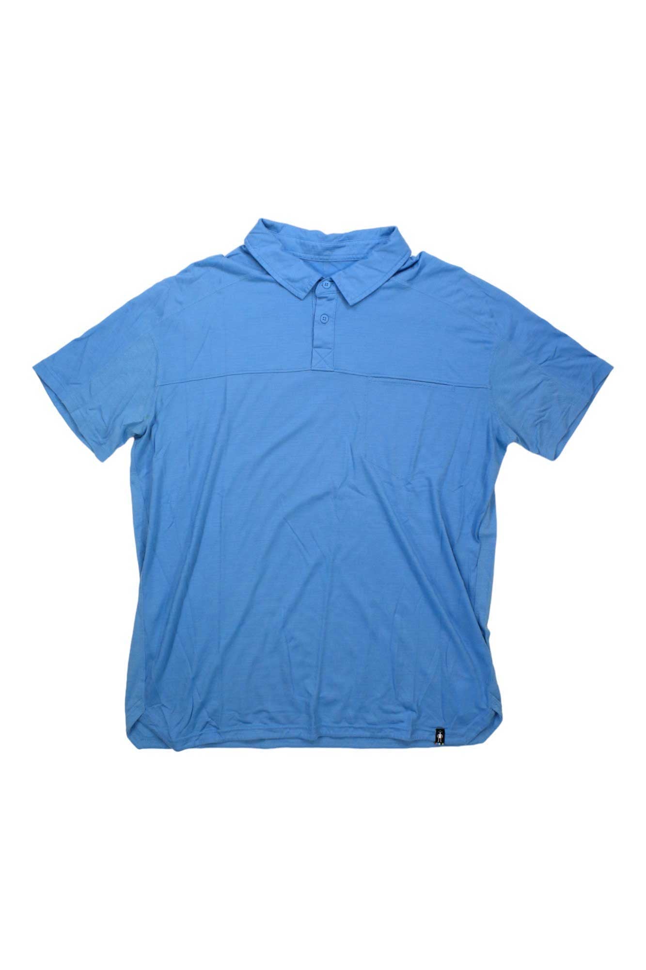 A light blue Smartwool Mens Merino Sport 150 Polo made from odor-resistant merino wool, with short sleeves, a collar, and two buttons, is laid flat on a white background.
