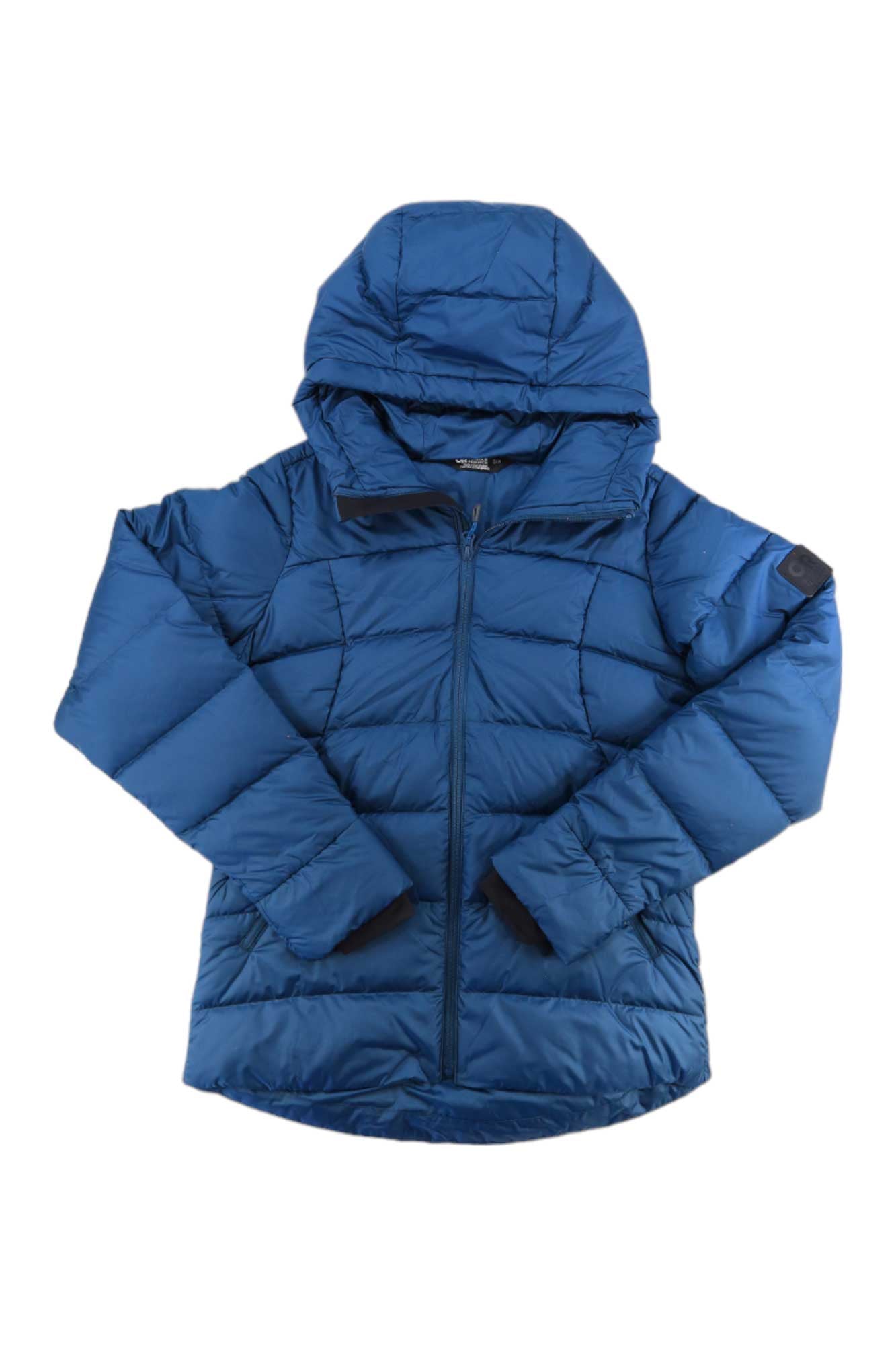 The Outdoor Research Womens Coldfront Down Hoodie in blue features eco-friendly insulation, a hood, front zipper closure, and long sleeves, shown laid flat on a white background.