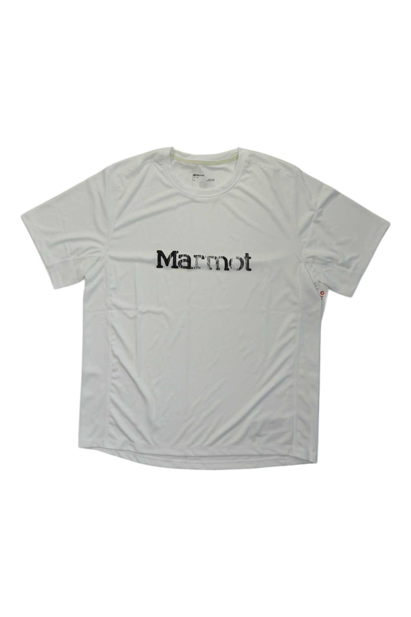 Men's light gray short-sleeve crewneck t-shirt with Marmot logo on chest