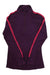 The Icebreaker Womens Merino 200 Zoneknit Half Zip LS Top is a purple long-sleeve women’s thermal top with a front zipper and bright pink sleeve stripes, featuring ZoneKnit technology for breathability and comfort.