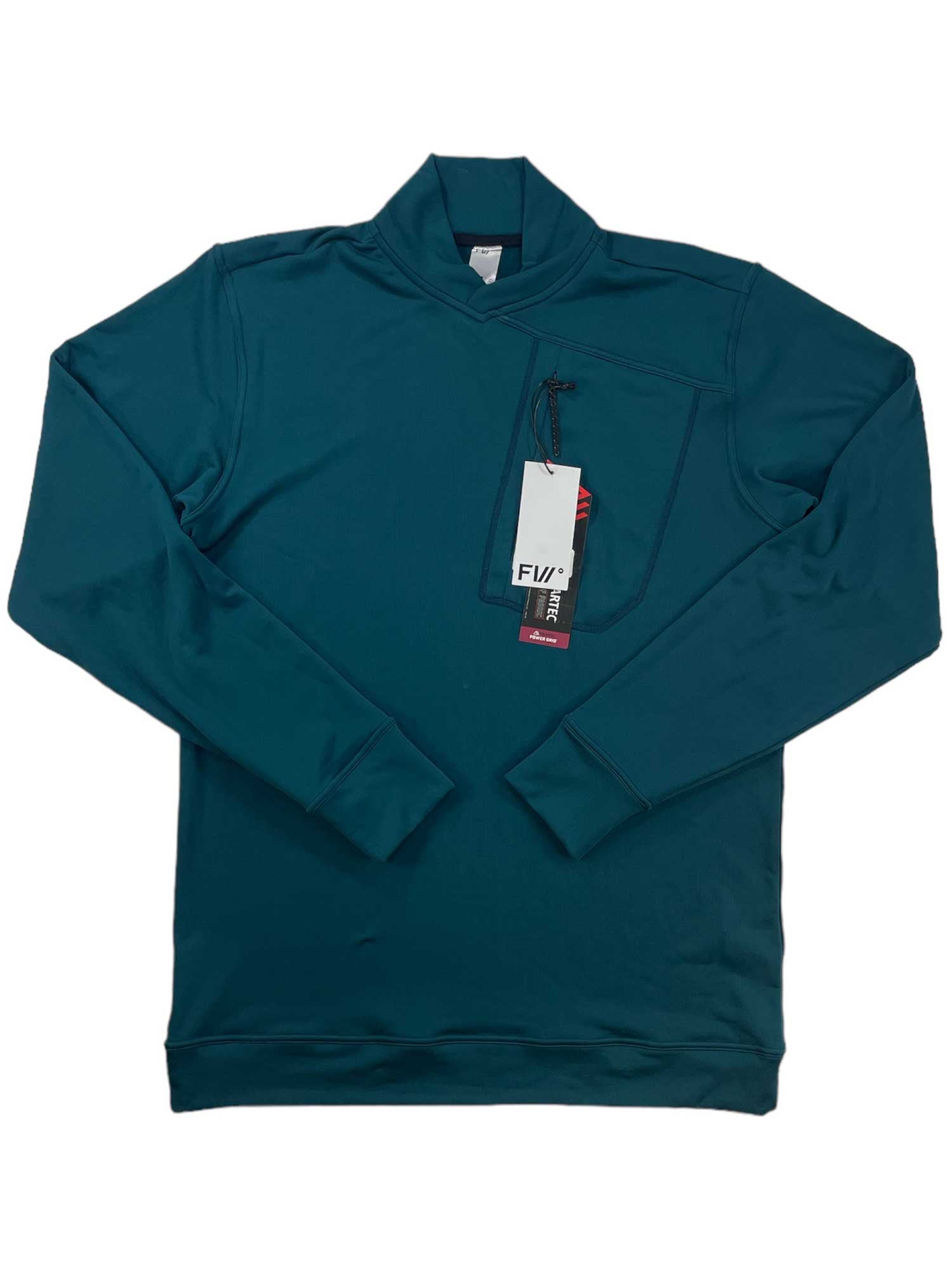 Deep teal long-sleeve crewneck sweatshirt with V-notch collar and subtle seam panels