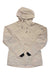 The Scott USA Womens Vertic 3L Jacket is a light beige ski jacket with a front zipper, zippered pockets, black wrist cuffs, and subtle chest and arm logos. This waterproof insulated jacket features DRYOsphere technology and is shown laid flat on white.