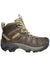 The KEEN Women's Voyageur Mid Boot, shown from the side on a white background, features brown and tan colors, a reinforced toe, rugged sole, lace-up front, and breathable mesh upper.