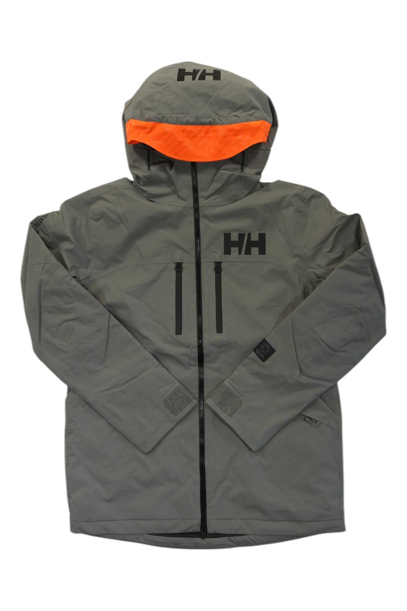 Gray hooded jacket with orange-lined hood, front zipper, HH logo