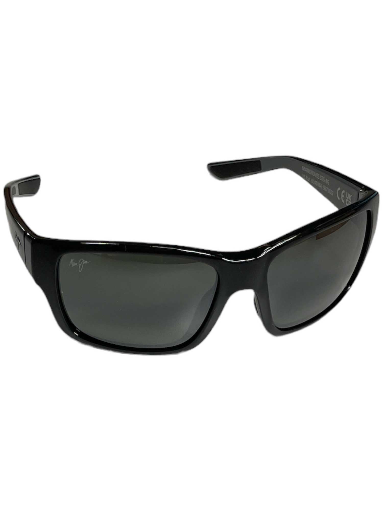 Maui Jim Mangroves Polarized Sunglasses feature black wraparound frames, dark tinted lenses, and thick sides, perfect for fishing—shown against a white background.