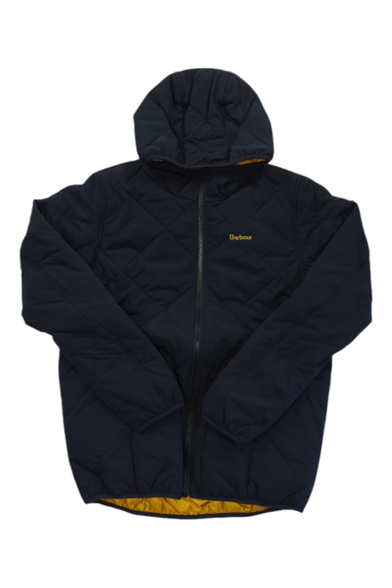 The Barbour Boys Hooded Liddesdale Quilt Jacket is a dark navy quilted jacket with a front zipper, yellow Barbour logo on the chest, and a contrasting yellow inner lining—perfect for casual wear.