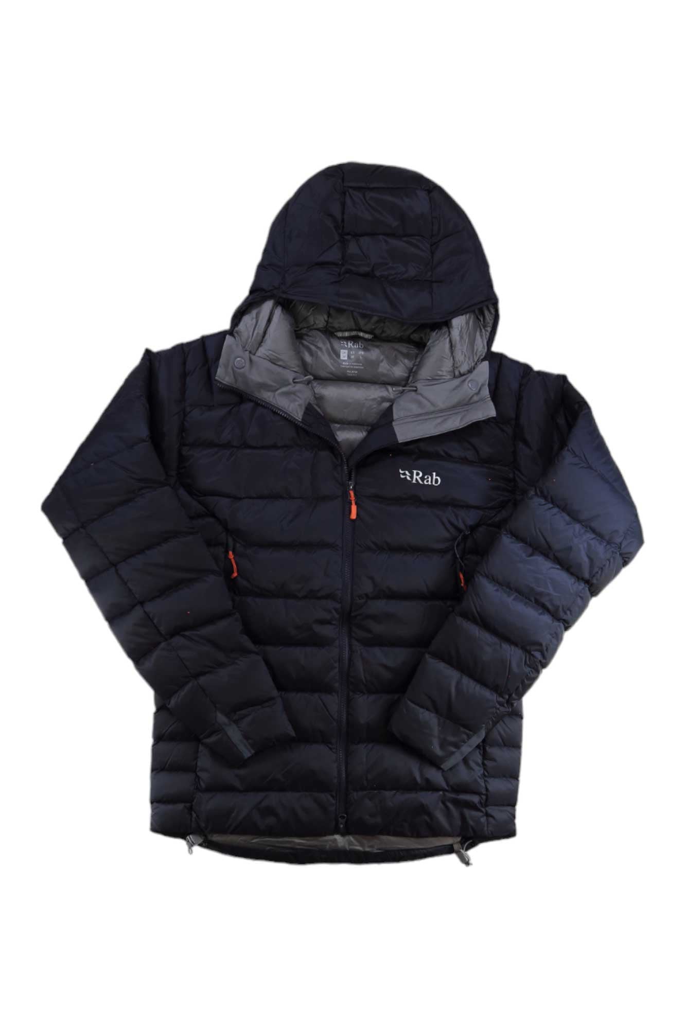 Men’s quilted puffer jacket with hood, dark navy, front zip, Rab logo on chest