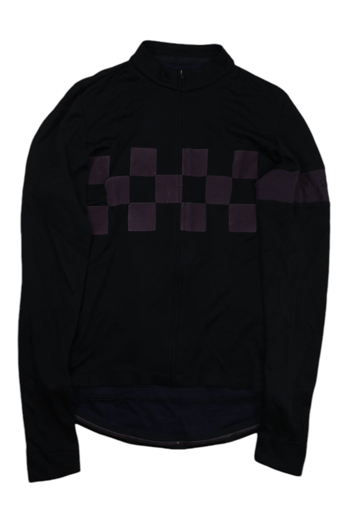 The Rapha Classic Check Jersey is a long-sleeve black cycling jersey with a purple checkerboard band across the chest and upper arms, designed as premium cycling apparel.